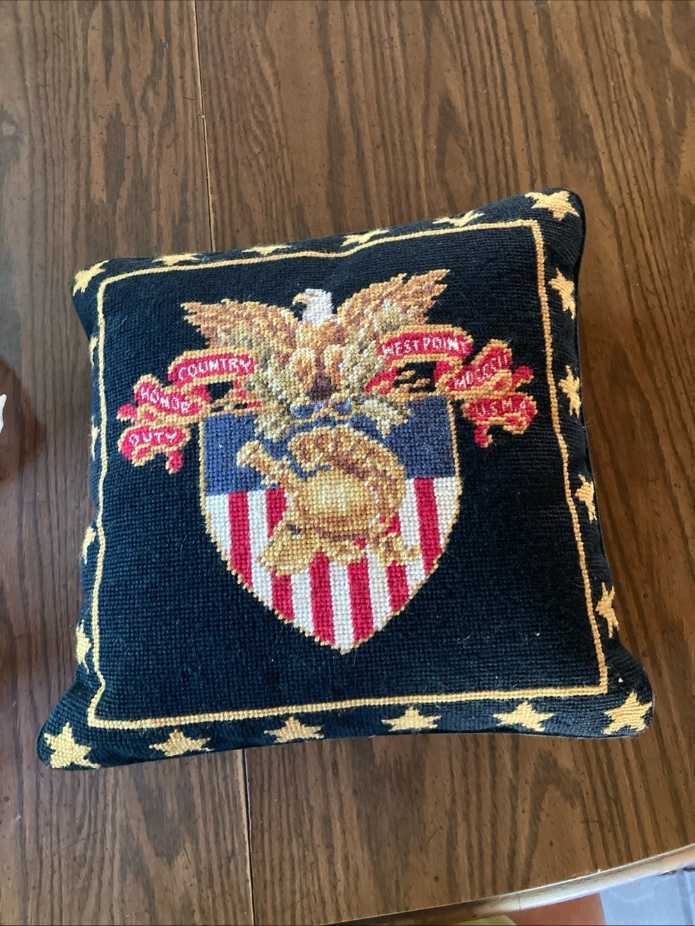 Vtg 70s West Point Shield Needlepoint 12 x 12 pillow Americana bicentennial